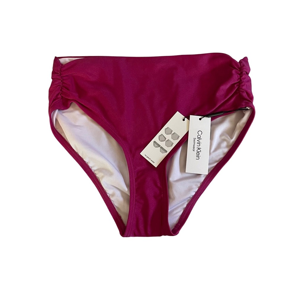 Calvin Klein Womens Magenta Pink Ruched High Waist Bikini Bottoms Small NWT